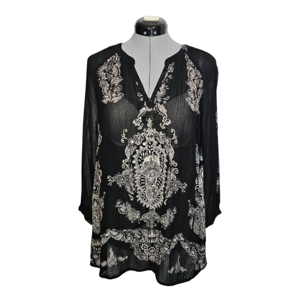 Bila Women's SIZE XL Boho Whimsigoth Sheer Rayon Blouse 3/4 Sleeve Black White